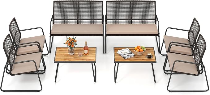 Tangkula 8 Pieces Patio Furniture Set, PE Wicker Rattan Conversation Set with Acacia Wood Coffee Table & Zippered Cushions, Outside Seating Set for Backyard, Garden & Deck (Beige, 8 Pcs)