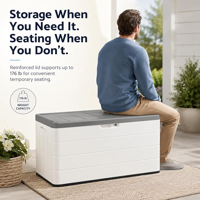 ADDOK 110 Gallon Outdoor Deck Box with Wheels, Large Waterproof Resin Storage Box with 2 Locking Casters, Lid Support Rod and Lockable Lid, Patio Cushion Storage Bench, White
