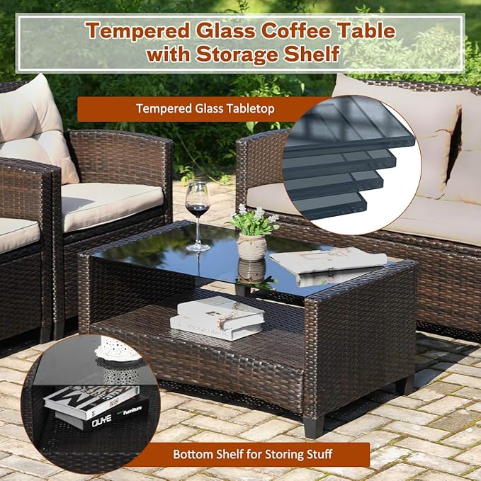 Tangkula 4-Piece Outdoor Rattan Furniture Set, PE Rattan Wicker Sectional Sofa with Loveseat Chair & Glass Table, Patio Cushioned Conversation Sets for Backyard Porch Garden Poolside (1, Brown)