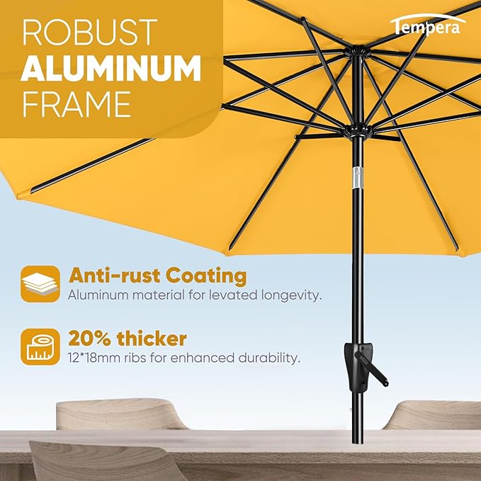 Tempera Patio Market Outdoor Table Umbrella with Auto Tilt and Crank, Large Sun Umbrella with Sturdy Pole & Fade Resistant Canopy, Easy to Set