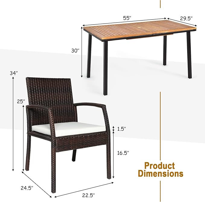 Tangkula 7 Pieces Outdoor Dining Set, Steel Frame Patio Dining Table Set w/ 6 Rattan Armrest Chairs, Modern Conversation Set w/Acacia Wood Top & Umbrella Hole for Backyard Garden Poolside