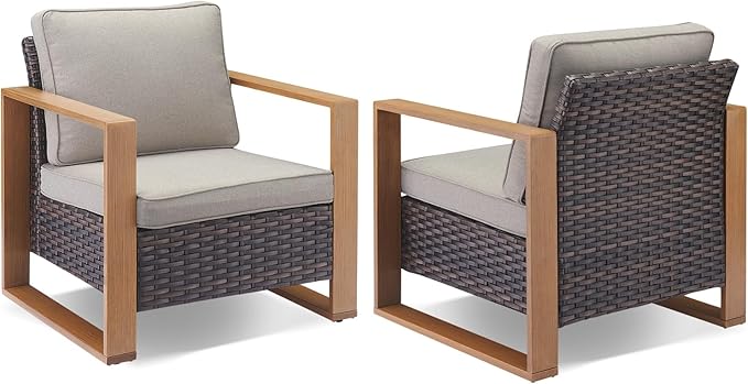 Rilyson 3 Piece Wicker Patio Furniture Set,Patio Bistro Set with 2 Rattan Armrest Chairs and 1 Side Table,Sturdy Frame,All-Weather PE Wicker,Wide Armrest,Deep Seating and Thick Cushions(Brown/Grey)