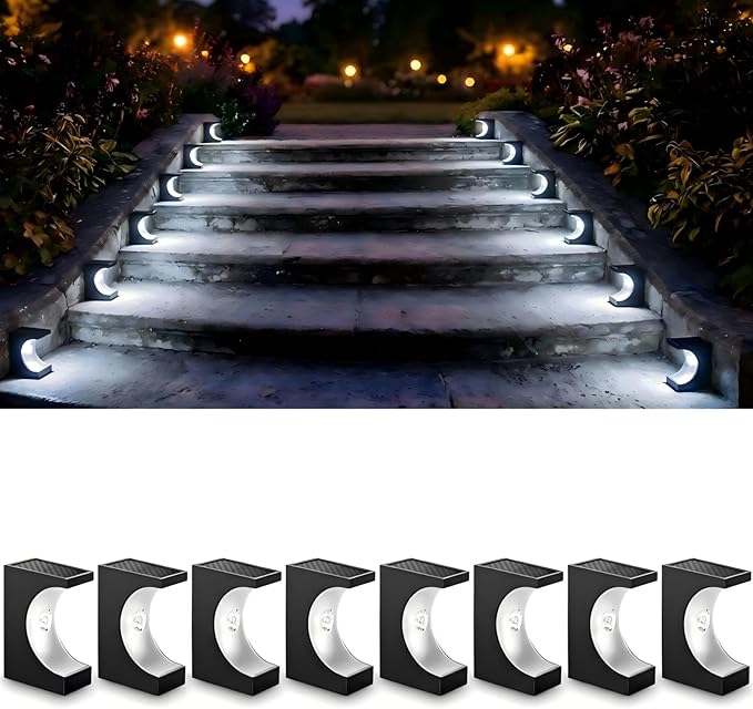 Upgraded Wireless Solar Step Lights. 5X Longer Life Than Ordinary. Strong 3M Adhesive + Screws. IP65 Waterproof for Stairs/Decks/patios. Reliable Performance(White Light 8Pack)