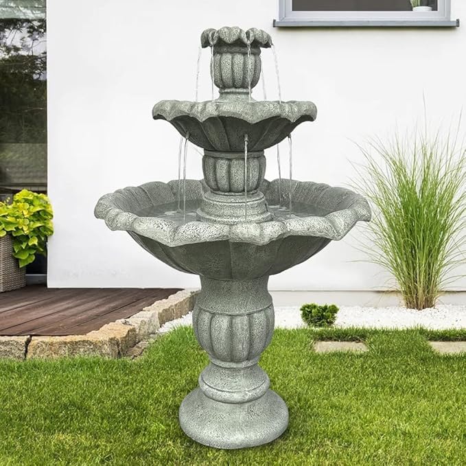 39.3” H Outdoor Floor Water Fountain, 3-Tiers Concrete Water Fountain with Submersible Electric Pump - Garden Cascading Waterfall for Yard Patio Lawn Home Decor
