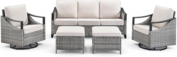 Outdoor Patio Furniture Set-5 Pieces All-Weather Wicker Outdoor Furniture with High Back Wicker Swivel Patio Chairs Outdoor Patio Conversation Sets for Garden Porch Deck Grey/Beige