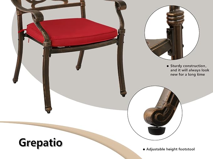 Grepatio 5 Piece Cast Aluminum Patio Dining Set Outdoor Furniture Set Patio Garden Set with 4 Ding Chairs, 4 Cushions and 35.4" Square Patio Table 2.4" Umbrella Hole, Antique Bronze (Red)