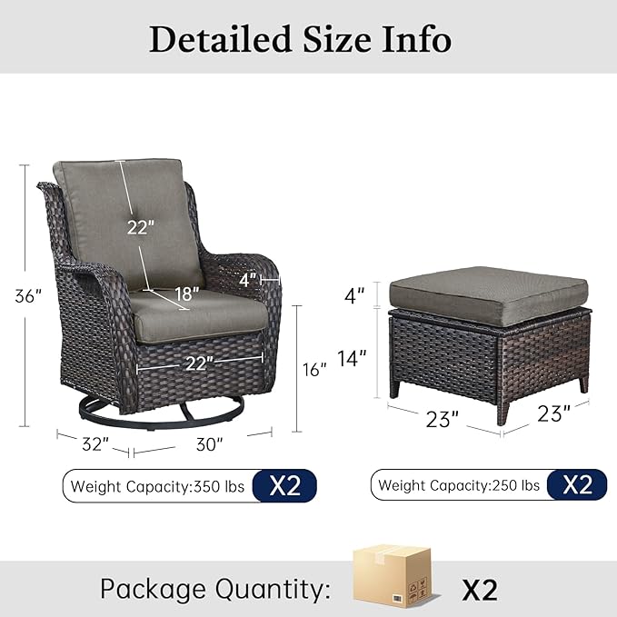 Outdoor Swivel Chairs-Patio Swivel Glider Chairs with Ottomans Outdoor Conversation Set for Deck Balcony Poolside Backyard-Brown/Grey