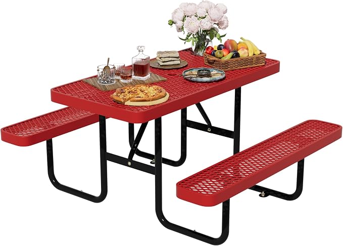 4FT Rectangular Steel Outdoor Picnic Table, Commercial Picnic Table Bench Set with Umbrella Hole, Weather-Resistant Heavy Duty School Dining Table for Stores, Park, Patio, Garden, Backyard, Red