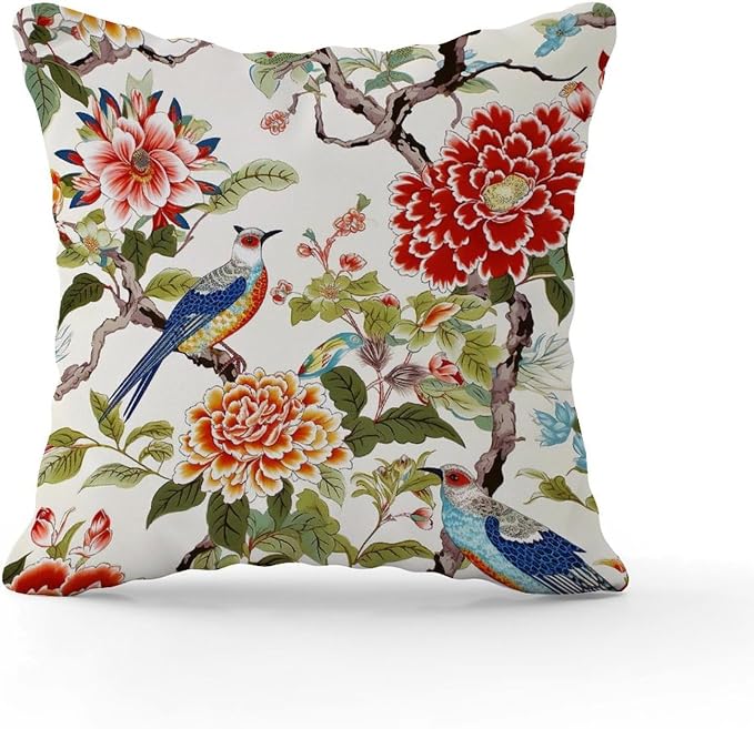 Chinoiserie Tree Peony Bird Cushion Cases Floral Coral Turquoise Pillowcase 26x26 INModern Accent Modern Decorative Pillow Covers for Patio Couch Bench