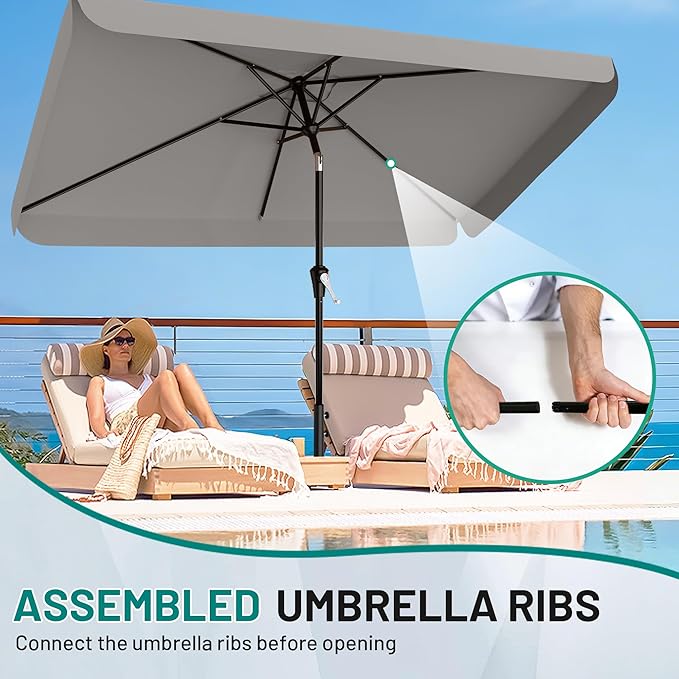 AreShark 6.5 x 10 FT Rectangular Valance Patio Umbrella, Outdoor Umbrella with Tilt and Crank, Market Table Umbrellas W/ 6 Ribs UV Protection for Garden, Deck, Backyard and Pool, Foggy Gray