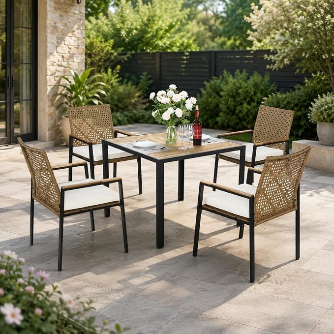 Outdoor Rattan 5 Piece Patio Dining Table Set Yellow Cushions Acacia Wood Top with Umbrella Hole All Weather 43 Inches for Backyard Deck Poolside Summer BBQ Essentials Aesthetic Backyard