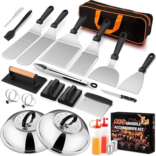 25Pcs Griddle Accessories Kit for Blackstone, Joyfair Stainless Steel Flattop Grilling Spatula Accessory Tools Set with Smash Burger Press Basting Cover for Outdoor BBQ Hibachi Cooking (PP Handle)