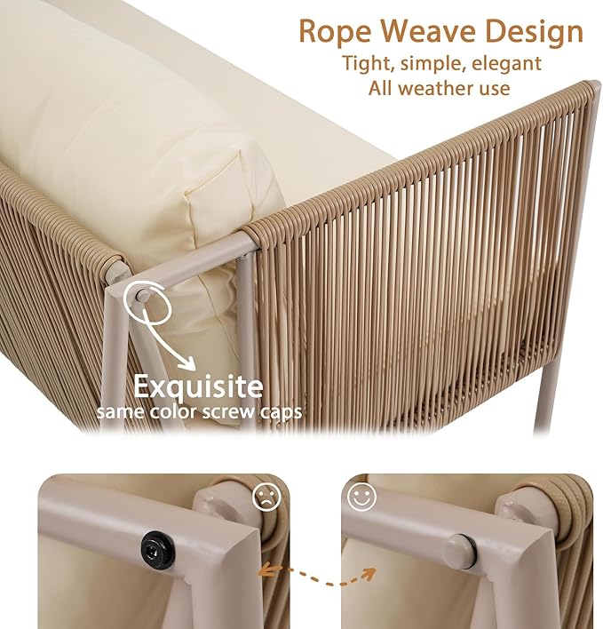 Outdoor Patio Furniture Couch Set, Rope Sofa Set with Thick Cushions and Toughened Glass Table All-Weather Wicker Sofa Conversation Set for Backyard, Beige