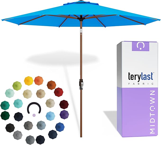 Midtown Umbrellas Wooden 2-10 Ft Patio Umbrella with 360° Swivel & Tilt Mechanism, 8 Fiberglass Ribs & Terylast Polyester Fabric for Deck, Pool, Garden & Porch - Cobalt Canopy, Wooden Pole