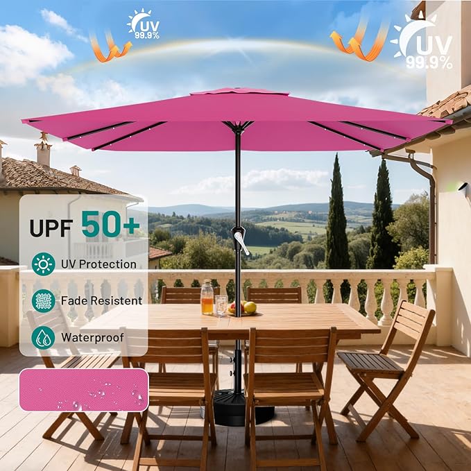 AreShark 8' X 10' Rectangular Patio Umbrella with Solar Lights, Lighted Solar Umbrella with Crank, Outdoor Table Umbrella for Garden, Deck, Backyard, Pool and Beach, Rose Pink
