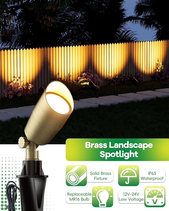 Low Voltage Brass Landscape Light, Solid Outdoor Spotlight with Replaceable MR16 LED Bulb 5W, 2700K Warm White, 12V 24V Landscape Lighting, Waterproof Design for Garden, Yard