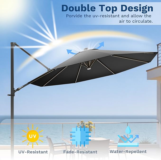 Devoko 10ft Solar LED Patio Umbrella, Round Cantilever Outdoor Umbrella with Solar Lights and 360-Degree Rotation, Large Hanging Offset Market Umbrella with Easy Tilt for Patio Deck Garden,Black