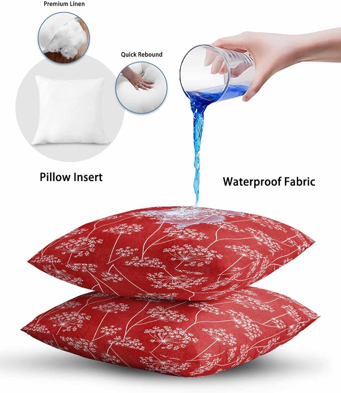 Outdoor Waterproof Throw Pillows 16x16in, Pastoral Wildflowers Dandelion Patio Pillows Pack of 2,Decorative Pillow Covers with Insert,Pillow Cushion Case for Garden Couch Sofa Vibrant Red Background