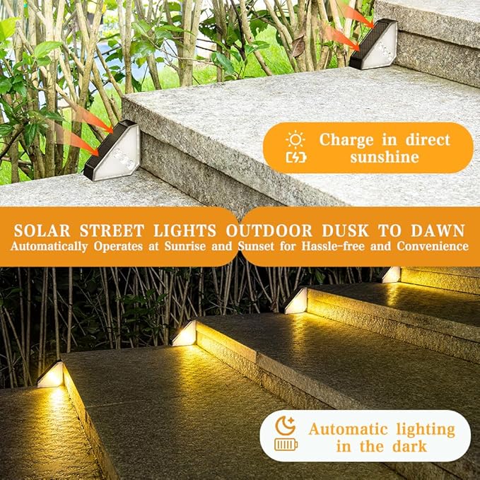 Upgraded Wireless Solar Step Lights. 5X Longer Life Than Ordinary. Strong 3M Adhesive + Screws. IP65 Waterproof for Stairs/Decks/patios. Reliable Performance(Warm White)