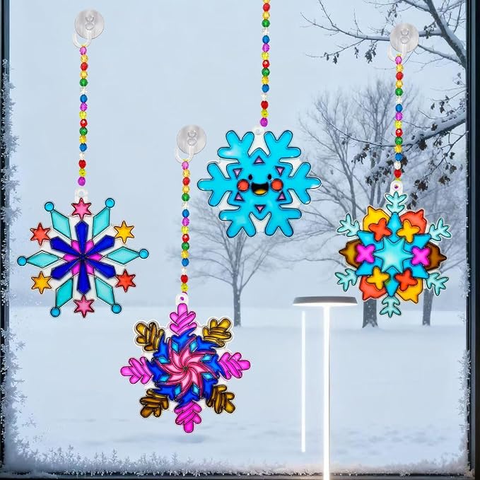 AUEKIV 32 Sets Suncatcher Kit Winter Snowflake Suncatchers Window Art Paint Sun Catcher DIY Craft Kits Christmas Snowflake Suncatcher Kit for Xmas Decoration Winter Home Classroom Party Activity