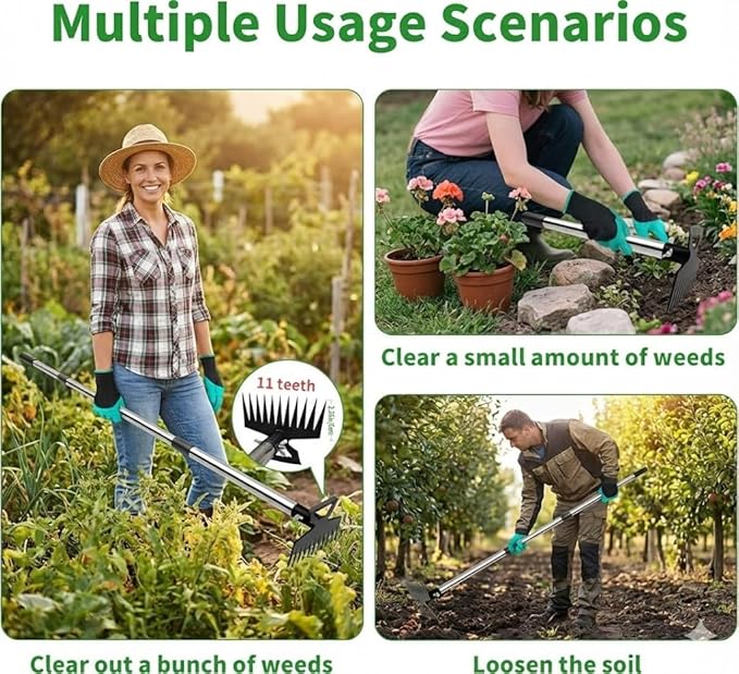 Premium 45.67" Standing Hand Weeder: Long Handle Hoe with Non-Slip Rubber Grip. Portable Root Puller for Yard, Lawn & Patio. Multi-Functional Soil Tiller & Digging Tool for Back-Saving Gardening.