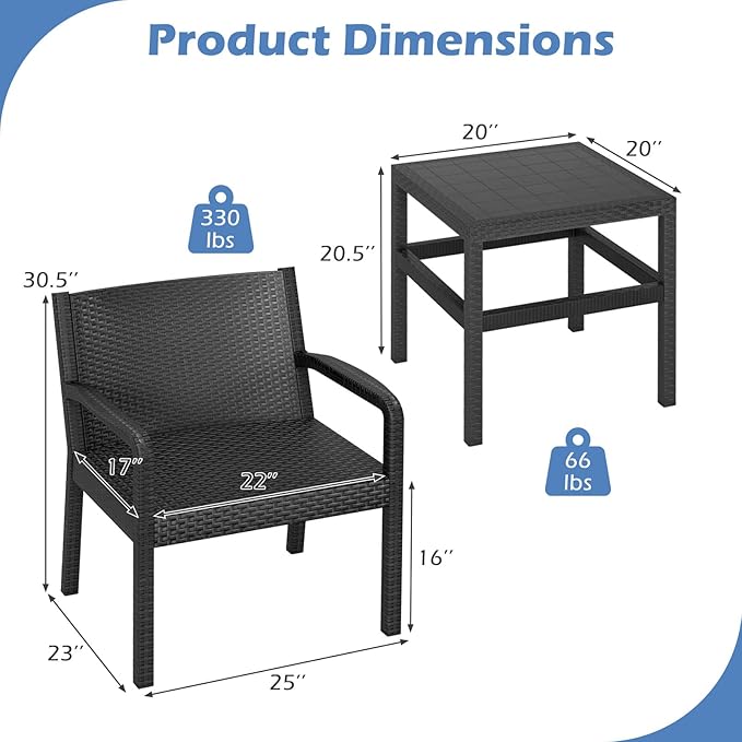 Tangkula 3 Piece Patio Furniture Set, Outdoor Wikcer Conversation Set with 2 Rattan Armchair & 25" Square Side Table, for Patio, Garden, Poolside, Bistro (Black)