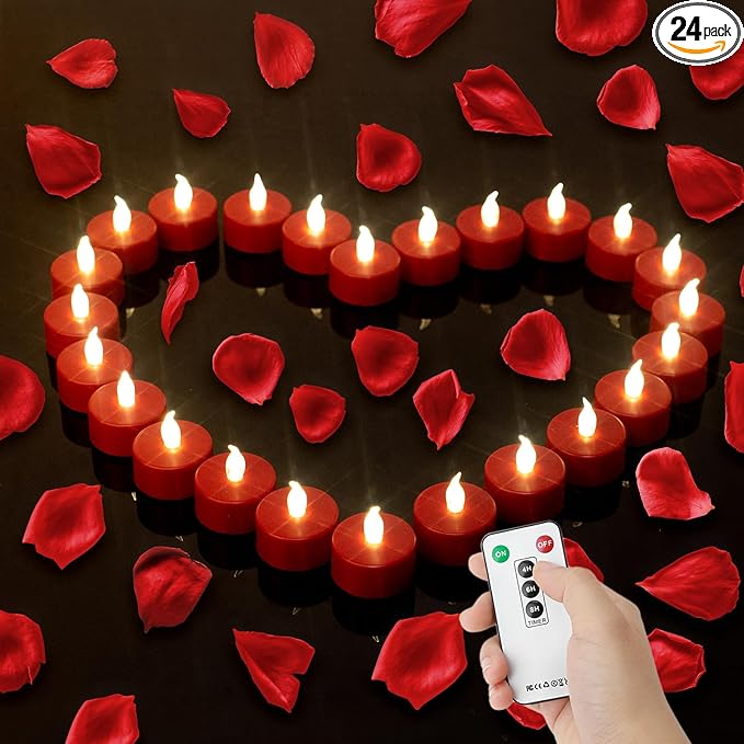 Hanzim Tea Light Candles with Remote Control,Flickering Flameless LED Candle,Long Lasting 400+Hours,Battery Operated with Timer for Home Decoration Seasonal &Festival Celebration Red (24pcs)
