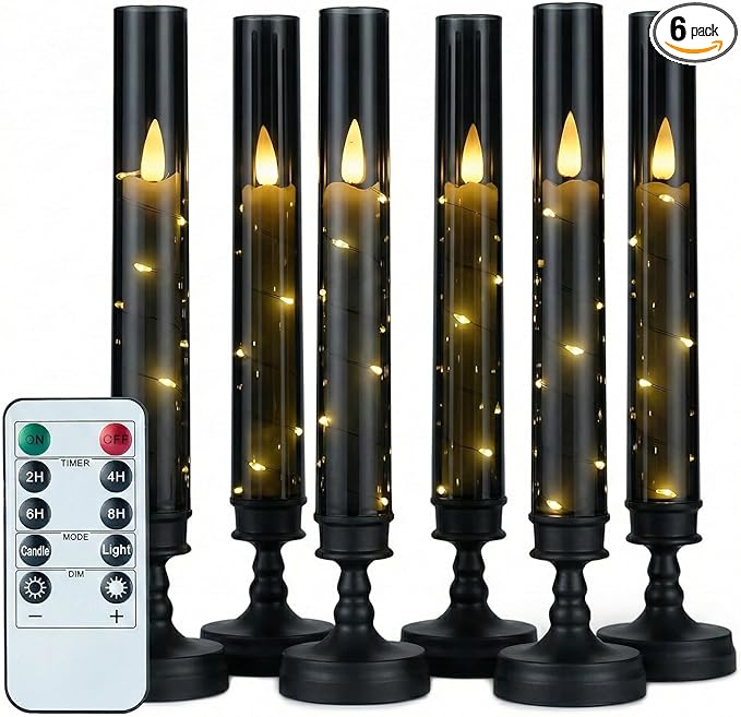 6 PCS Flameless Candles with Timer, Flickering Flameless LED Pillar Candles for Romantic Ambiance with Embedded Star String, Acrylic Battery Perated Fake Candles for Home Decoration (Black)
