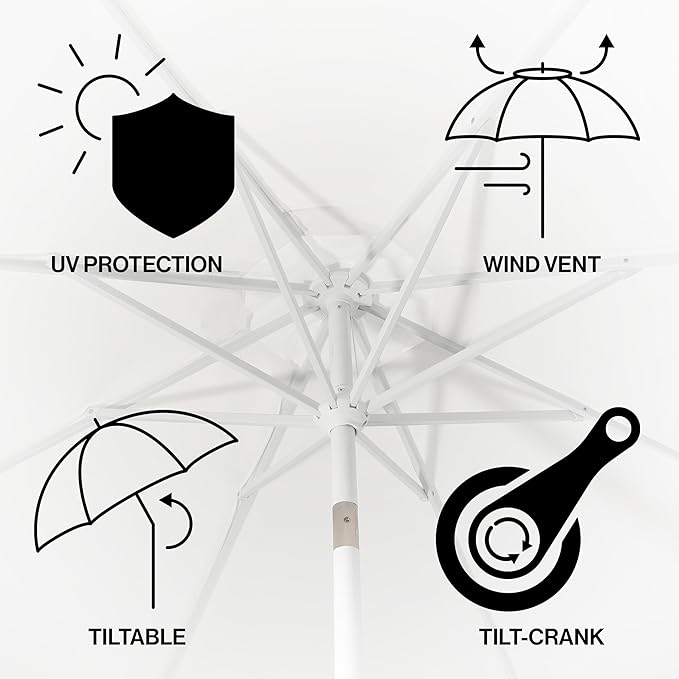 JONATHAN Y Baiona 9 ft. White/Navy Outdoor Patio Umbrella with Crank Lift and Tilt, 8 Ribs UV-Resistant Market Table Umbrella with Square Trim for Pool, Deck, Coastal, White Pole UMB1000A