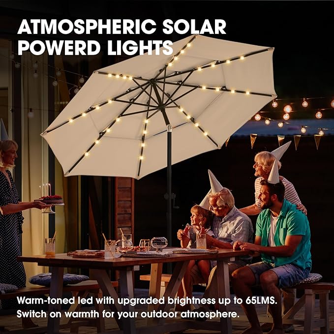 wikiwiki 9FT 3Tiers Solar Led Patio Umbrella, Sturdy Outdoor Market Umbrella for Deck, Pool, Garden w/Tilt, Crank, 32 LED Lights, Tan