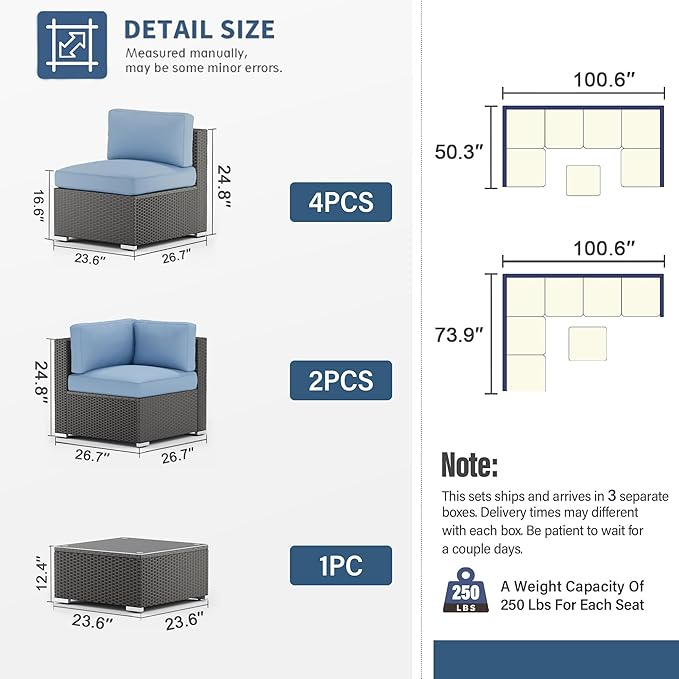 SUNCROWN 7-Piece Outdoor Patio Furniture Sofa Set All-Weather Wicker Sectional Conversation Set with Modern Glass Coffee Table and Cushions（Light Blue）