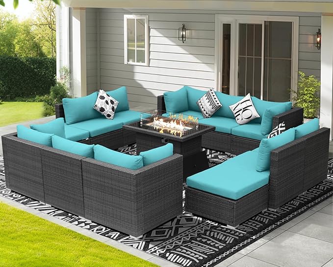 NICESOUL 13 Piece Patio Furniture w/Fireplace, Elegant Outdoor Seating w/Firepit, XL Size 29.3'' High Back Sectional Sofa, All-Weather Rattan Deck Couch, Modular Sturdy Conversation Set, Gray & Teal