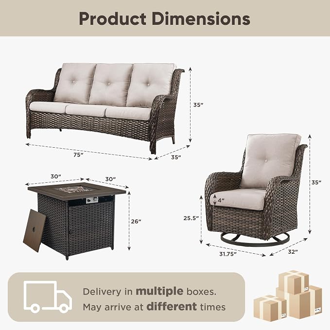 Belord 4 Piece Patio Wicker Furniture Set, Outdoor Swivel Rocker Chairs, All Weather Outdoor Patio Couch with Fire Pit Table for Deck Porch, Brown Wicker/Beige