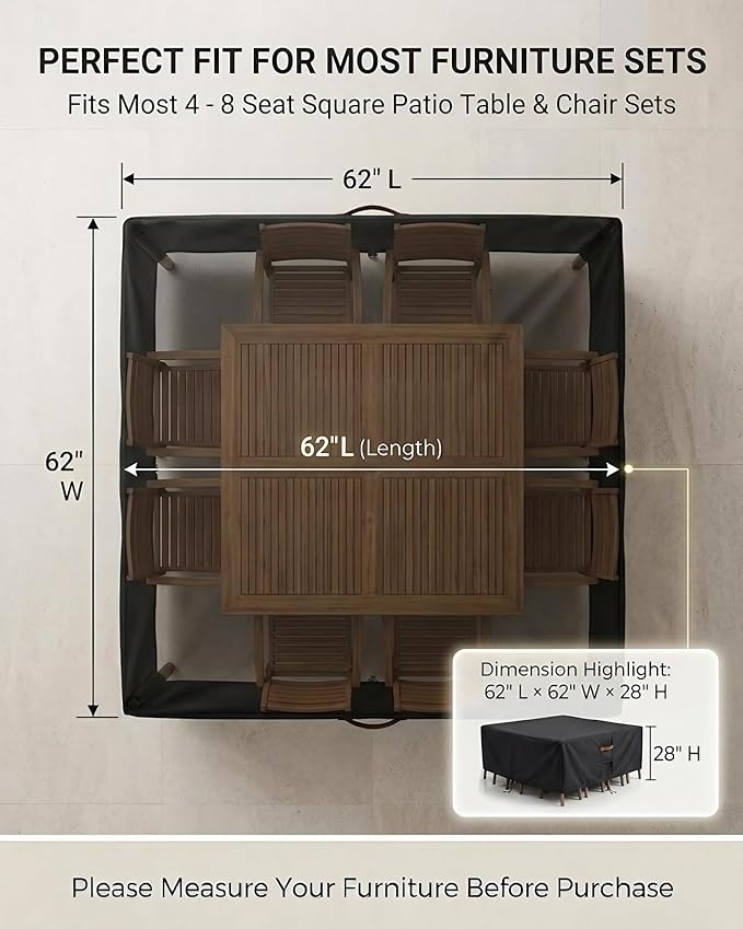 Outdoor Patio Furniture Cover Square, Heavy Duty 600D Waterproof Cover for Table & Chair Set or Sofa Set Covers, Windproof,UV Resistant, All-Season for Backyard,Deck,Garden,62" L x 62" W x 28" H,Black