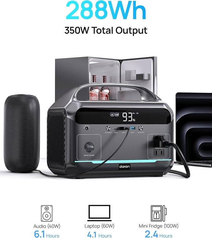 Portable Power Station 600W Surge, 288Wh Solar Generator, LiFeP04 Battery with 300W AC Outlets, Power Bank for Outdoor Camping, CPAP, Traveling, Home & Emergency