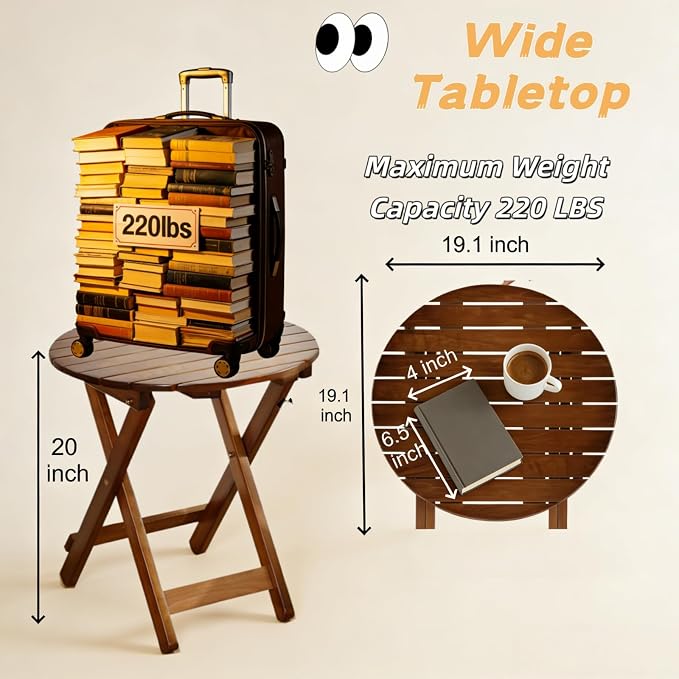 Outdoor Small Table, Round Folding Wooden Patio Side Table Furniture End Table for Adirondack Chair, Balcony, Porch, No Assembly Required, Brown