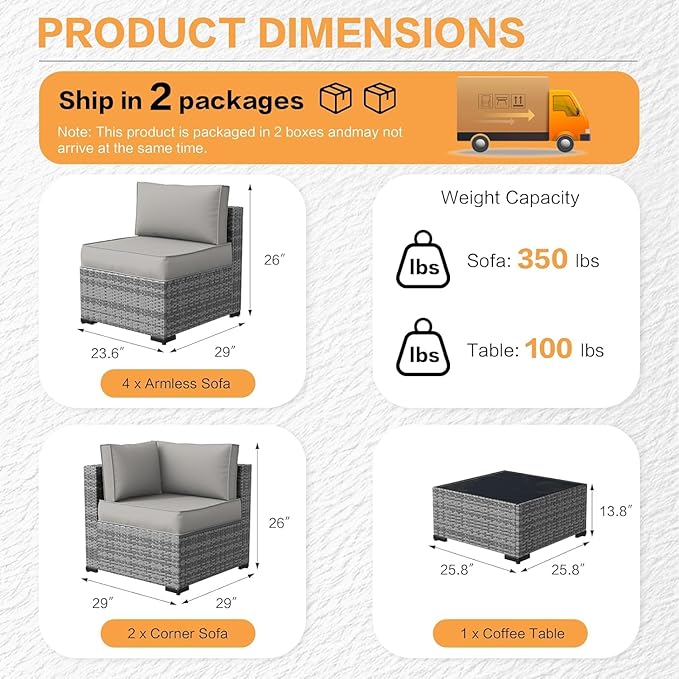 MOCHITO 7 Pcs Outdoor Patio Furniture Sets Grey Rattan Grey Cushions | All-Weather Sectional Sofa, with Glass Table, PE Rattan Wicker Patio Furniture , Washable Cushions, for Balcony Porch Garden