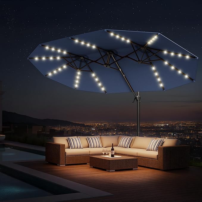 HOMSHADE 15FT Cantilever Double-Sided Umbrella with Solar Light and Base, Rectangle Oversized Offset Patio Umbrellas, Extra Large Outdoor Umbrella for Pool, Deck, Garden, Market (Navy Blue)