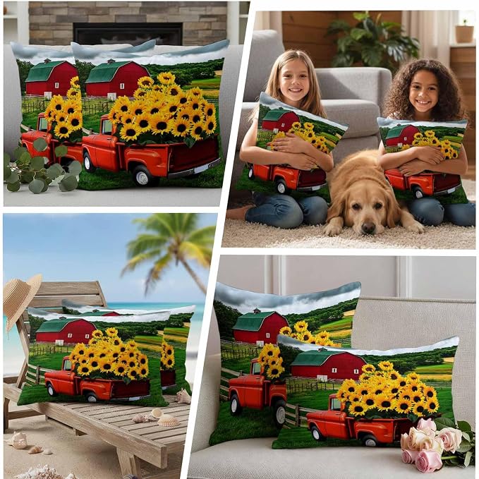 Waterproof Pillow Covers Set of 2 20x20 Inch Farmhouse Sunflower Outdoor Cushion Covers Farm Red Truck Decorative Pillow Cases for Patio, Sofa, Couch, Garden, Balcony