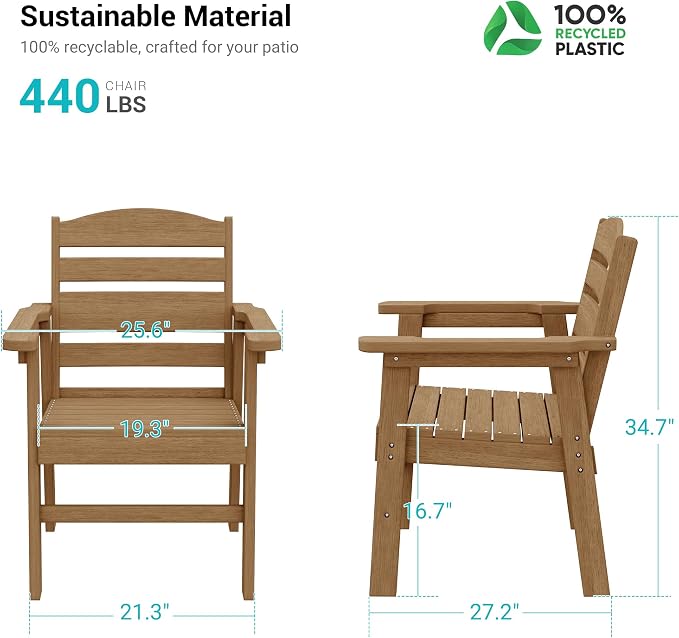 HDPE Outdoor Dining Chairs Set of 2 | Weather Resistant Patio Stackable Chairs for Garden, Backyard, Lawn and Poolside, Teak