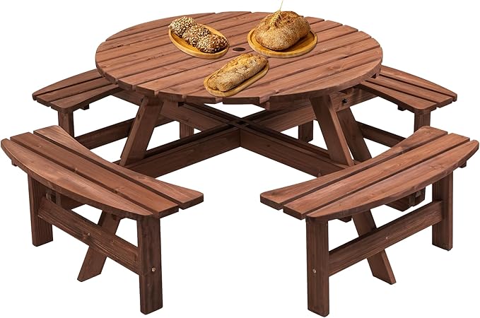 70 in. Round Wooden Picnic Table for 8 Persons with 4 Built-in Benches, 2220 lbs Capacity Outdoor Camping Dining Set for Garden, Patio, Backyard, DIY Natural Finish with Umbrella Hole