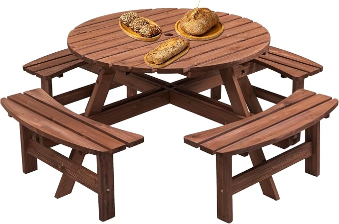 8 Person Round Wood Picnic Table, Outdoor Wooden Picnic Table with 4 Built-in Benches, Umbrella Hole, Circular Outside Table and Bench Set for Garden, Backyard, Porch, Patio, 2220lb Capacity - Brown