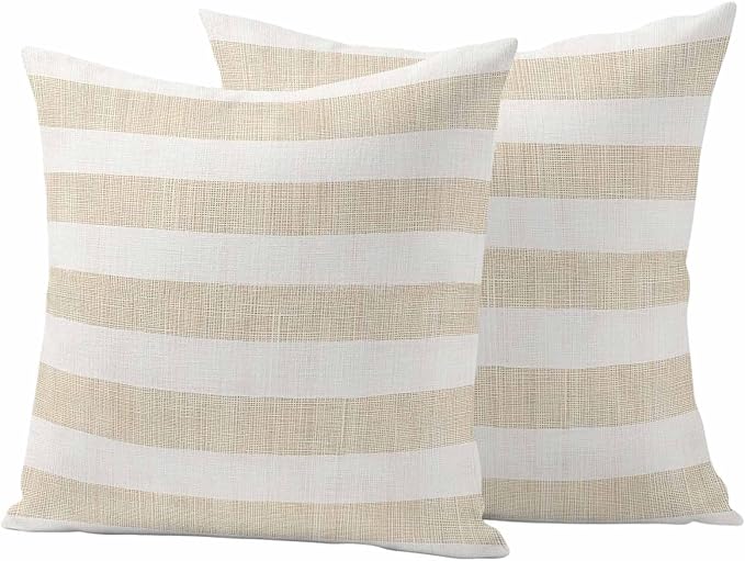Waterproof Pillow Covers Set of 2,Vintage Yellow Stripe on Linen Outdoor Pillow Protectors with Zipper Pillowcases for Patio Tent Garden Beach 16x16 Inches Farmhouse Line