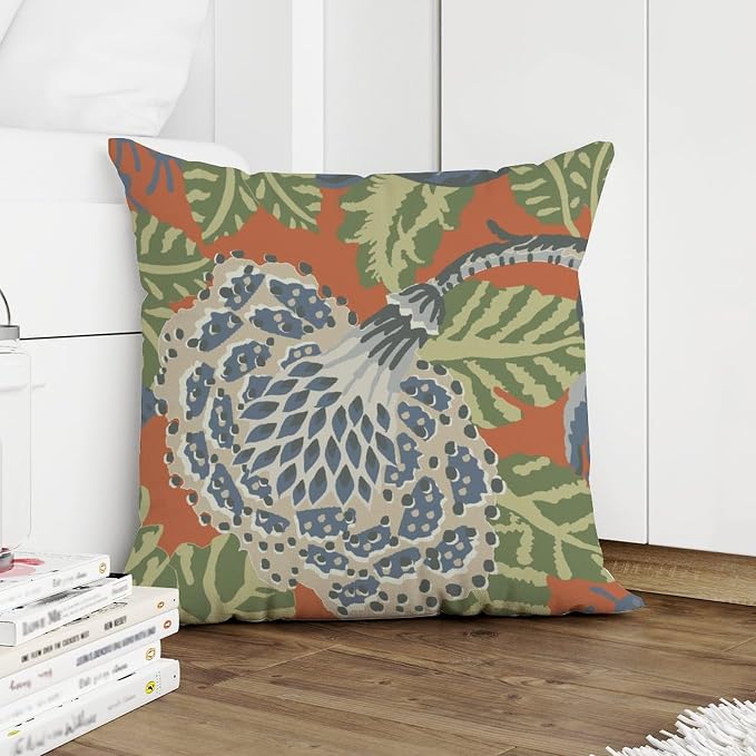 Pillow Cover Navy Blue Floral White Pillow Covers Modern Green and Orange Chinoiserie Pillow Cover Accent Farmhouse Decor Pillow for Patio Furniture Porch 16x16 in