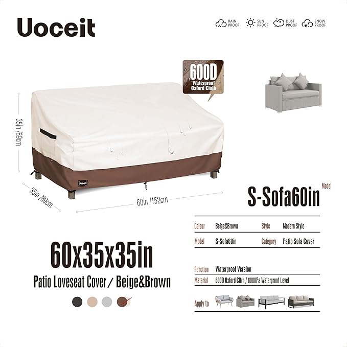 2-Seater Patio Loveseat Cover, 60Wx35Dx35H inches Outdoor Furniture Covers Waterproof，100% Waterproof Heavy Duty Patio Furniture Covers,Beige&Brown Modern Style Outdoor Sofa Cover.