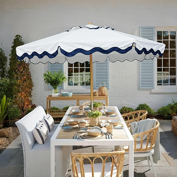 AMMSUN 8.2ft Vintage Wood Outdoor Umbrella, with a pulley system, UPF 50+, for markets, gardens, porches, courtyards, beach terraces, cafes, taverns, dining tables, pool sides, wedding venues