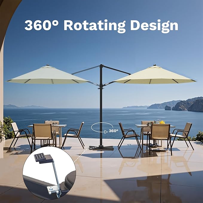 Devoko 10ft Cantilever Patio Umbrella, Round Large Outdoor Umbrella with 360-Degree Rotation, Hanging Offset Market Sun Umbrella, Easy Tilt and Heavy-Duty Frame, for Patio Backyard Garden, Beige