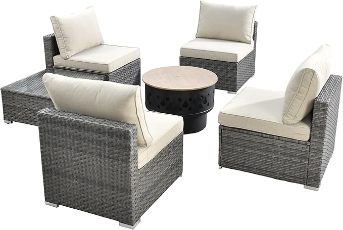 HOOOWOOO 6-Piece Outdoor Wicker Patio Furniture Set, All-Weather Rattan Sectional Sofa Chairs with Fire Pit and Side Table, Modern Garden Conversation Set for Patio, Porch, and Backyard (Beige)