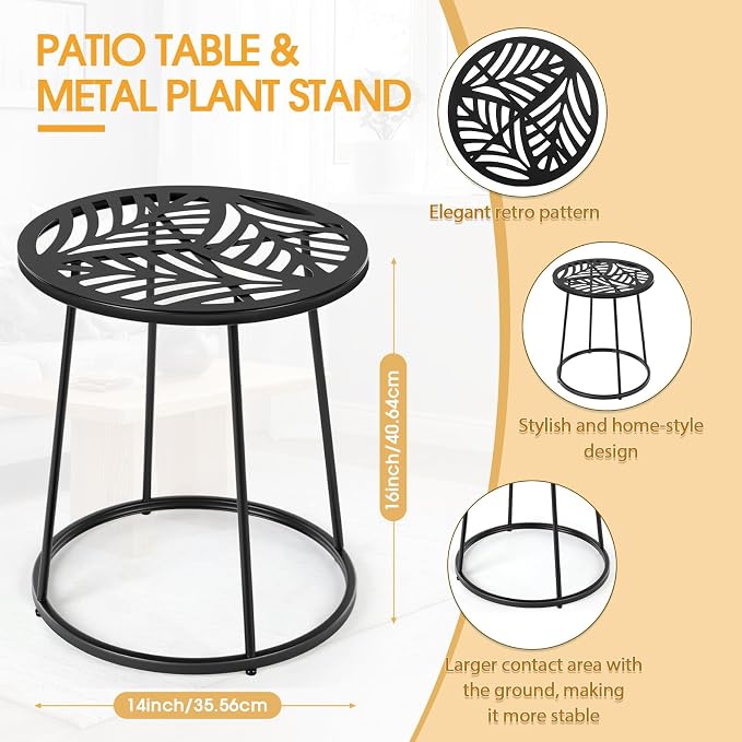 Vercraft Small Outdoor Side Table, 14" Patio Side Tables with Flower Cut Outs Weather Resistant Metal Outdoor End Table for Patio Outside Porch Balconies Garden(Black,Hollow Leaf)
