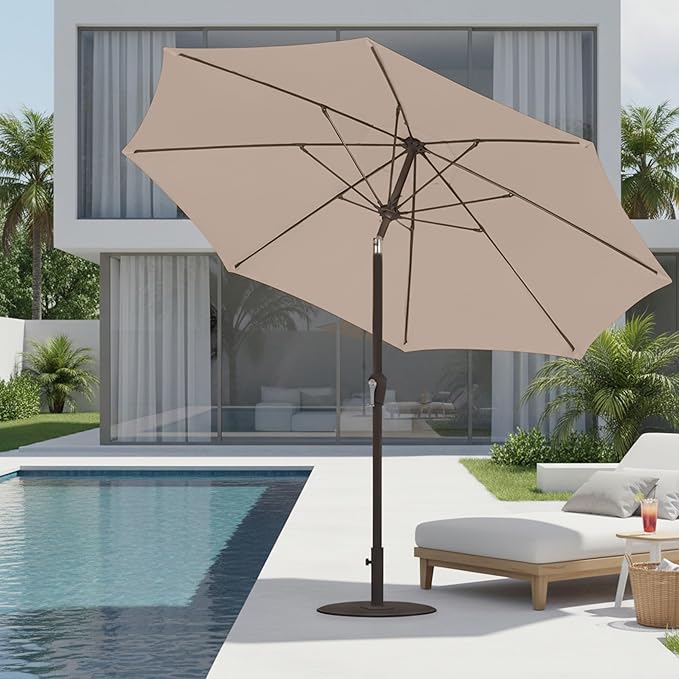 9ft Patio Umbrella with Push Button Tilt and Crank,Outdoor Market Table Umbrella UV Protection 8 Sturdy Ribs for Backyard,Garden,Pool,Deck(Beige)